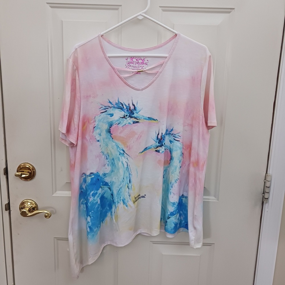 Leoma Lovegrove Women XL Pink Blue Heron Art T-Shirt Asymmetric Sharkbite Hem